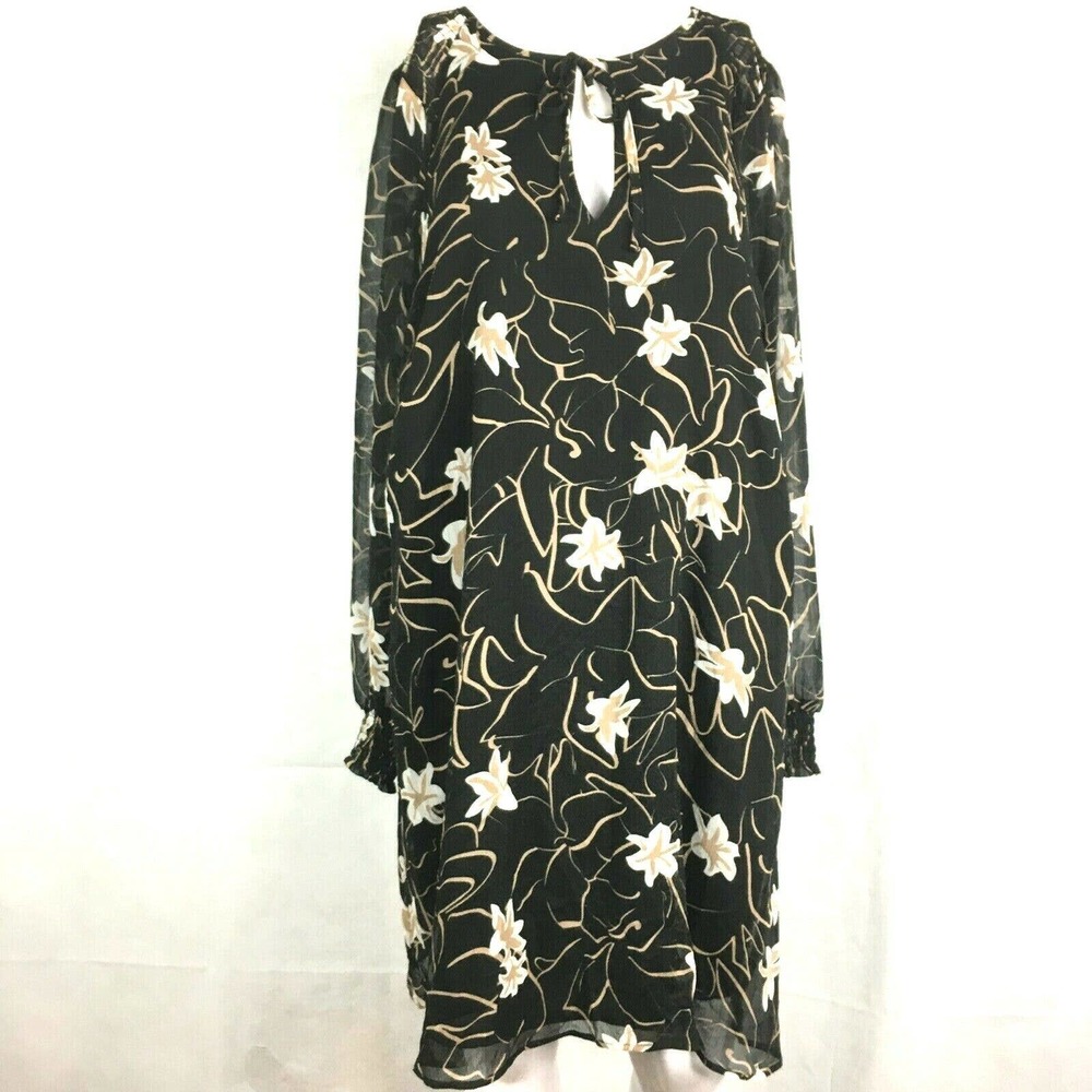 Elizabeth And James Dress Womens L Black Beige‎ Floral Chiffon Long Sleeve Shift